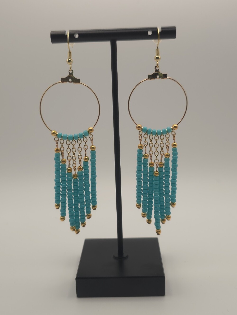 Hand Crafted Gold Hoop Turquoise Beaded Fringe Earrings